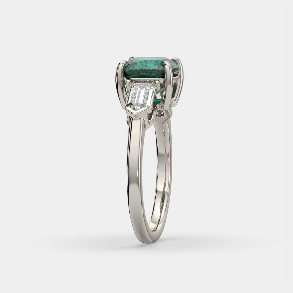 3.10 Ct Cushion Cut Green Emerald and Diamond Ring, in white gold, side profile