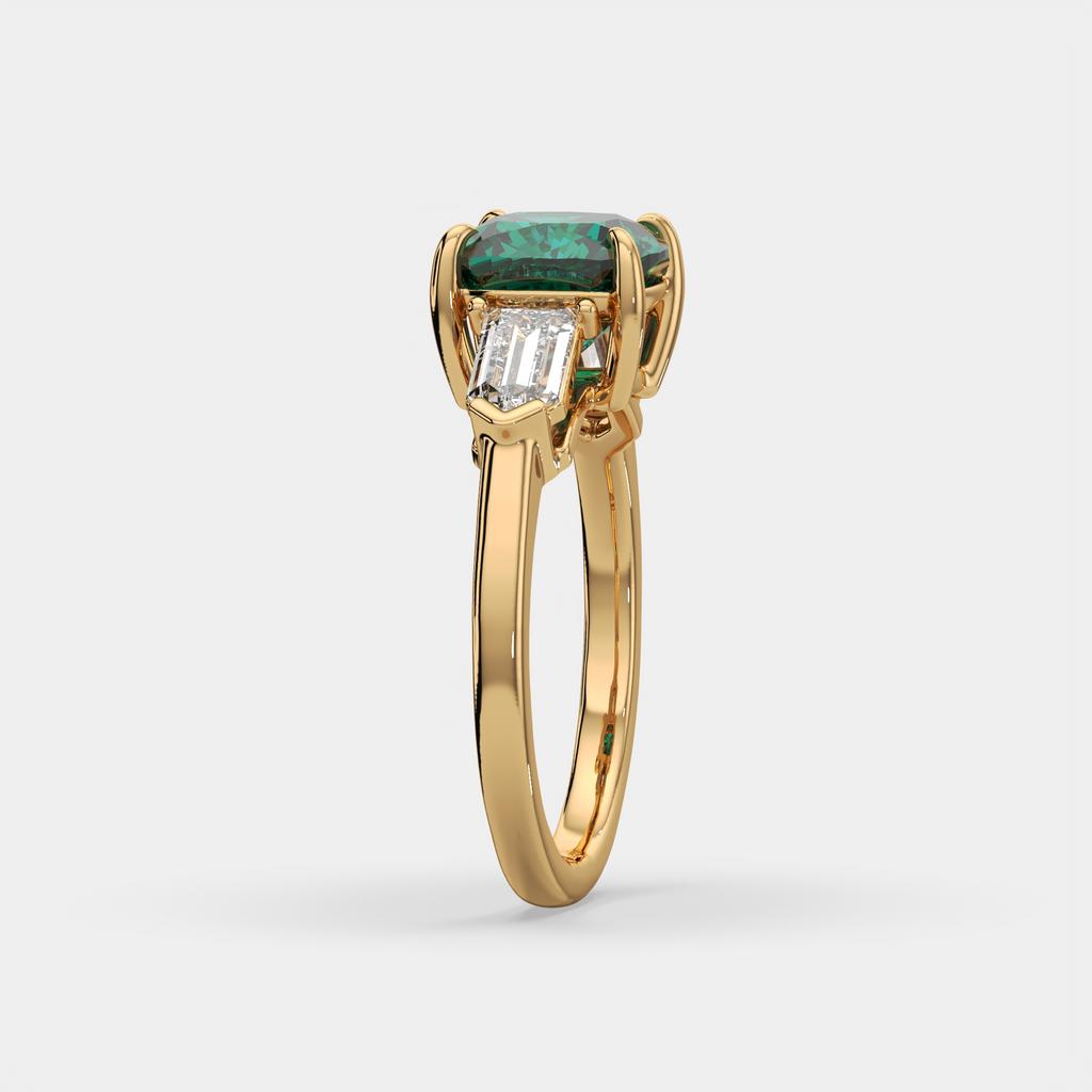 3.10 Ct Cushion Cut Green Emerald and Diamond Ring, in yellow gold, side profile