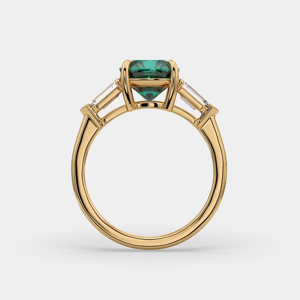 3.10 Ct Cushion Cut Green Emerald and Diamond Ring, in yellow gold, side profile