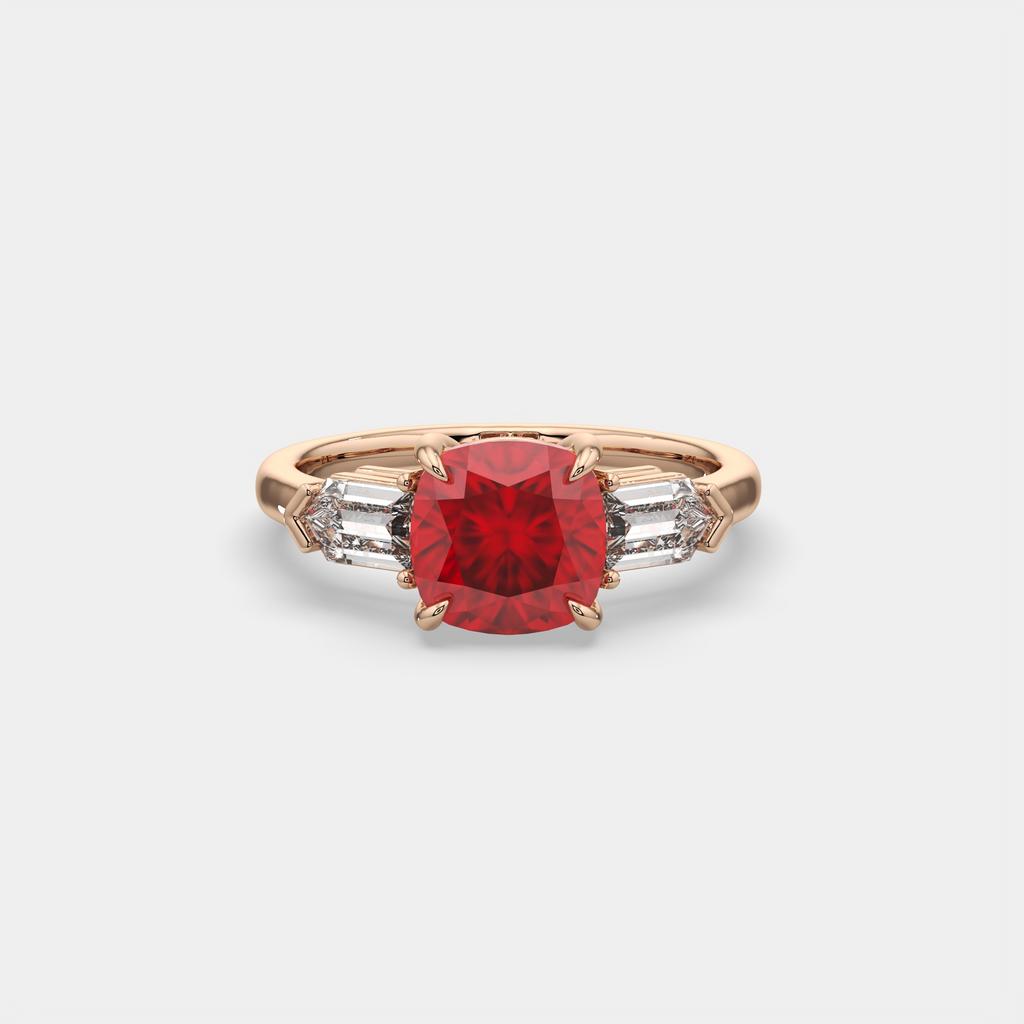 3.10 Ct Cushion Cut Ruby and Diamond Ring, in rose gold, front view