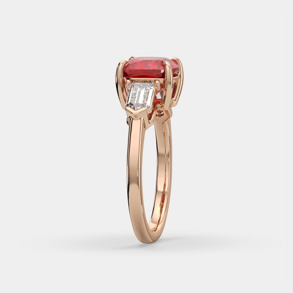 3.10 Ct Cushion Cut Ruby and Diamond Ring, in rose gold, side profile
