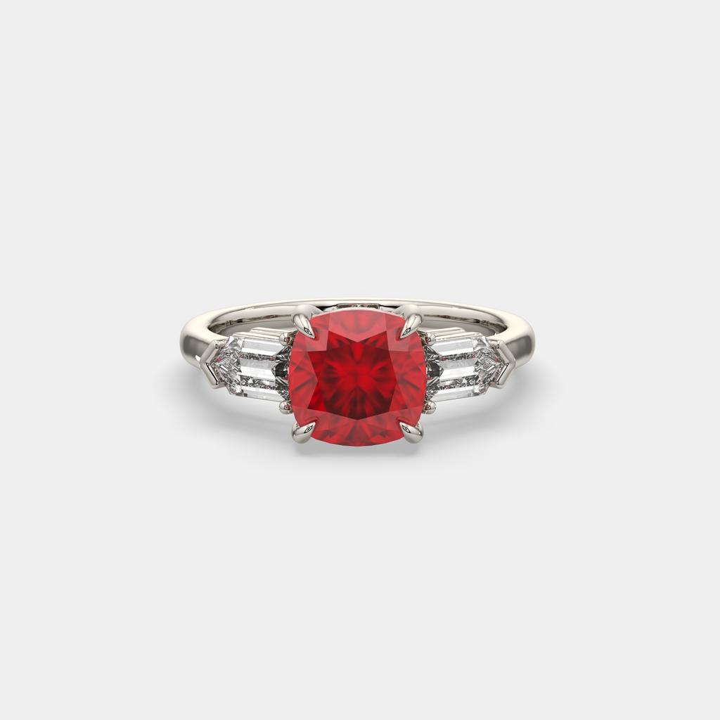 3.10 Ct Cushion Cut Ruby and Diamond Ring, in white gold, front view
