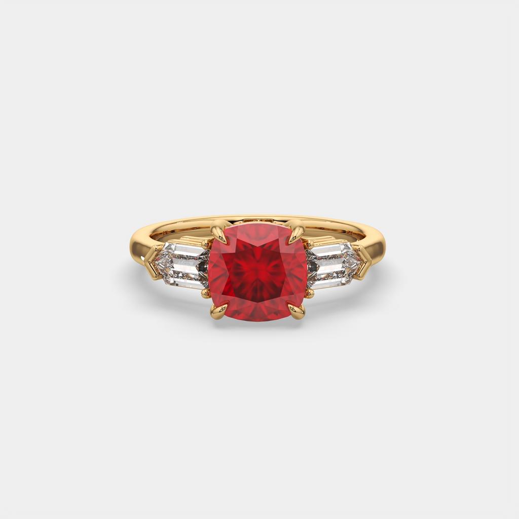 3.10 Ct Cushion Cut Ruby and Diamond Ring, in yellow gold, front view