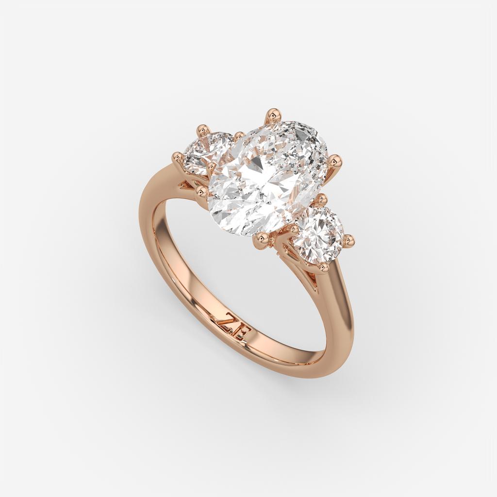 3.25 Ct E VS1 Oval Lab-Grown Diamond Ring With Round Accents, in rose gold, front view