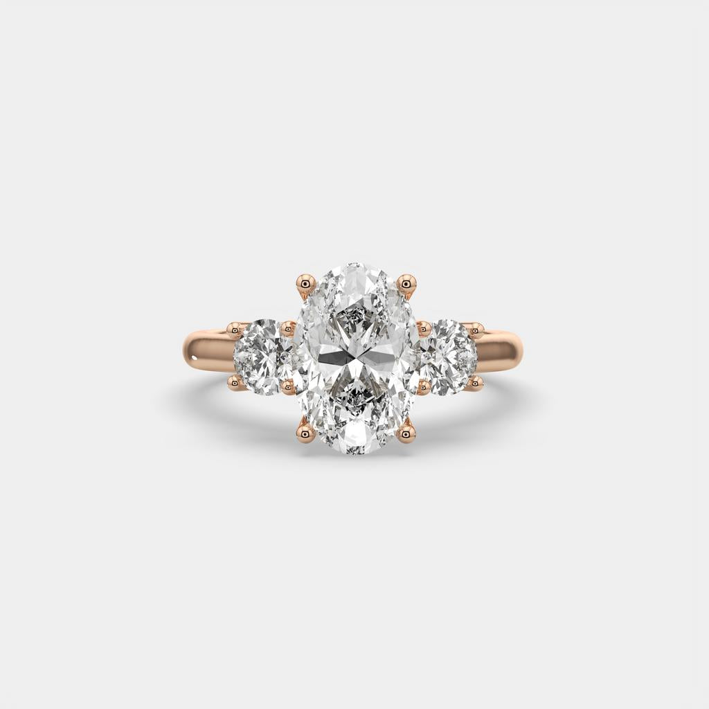 3.25 Ct E VS1 Oval Lab-Grown Diamond Ring With Round Accents, in rose gold, front view