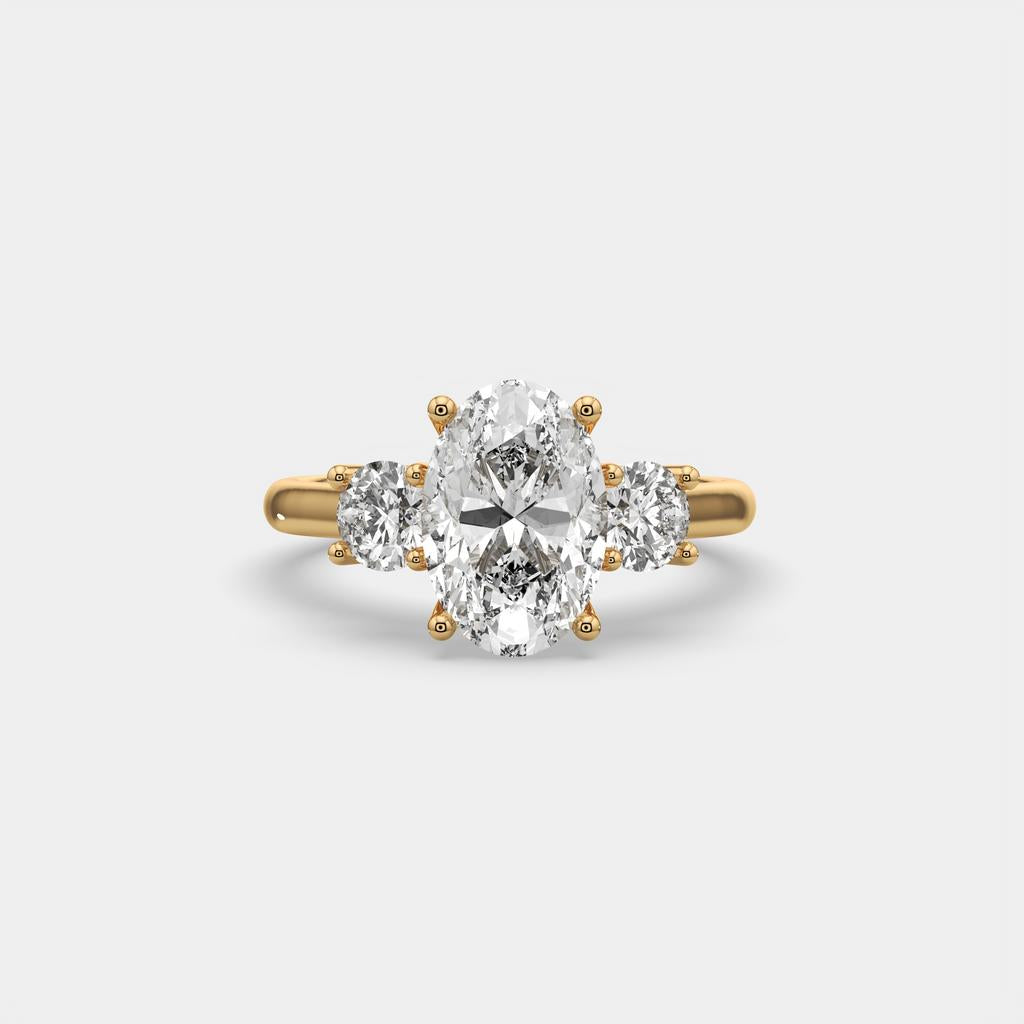 3.25 Ct E VS1 Oval Lab-Grown Diamond Ring With Round Accents, in yellow gold, front view