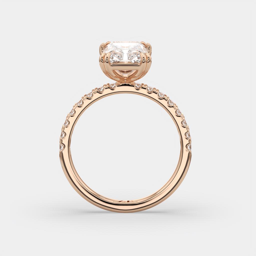 3.30 Ct D VS1 Radiant Lab-Grown Diamond Ring with Round Accents, in rose gold, side profile