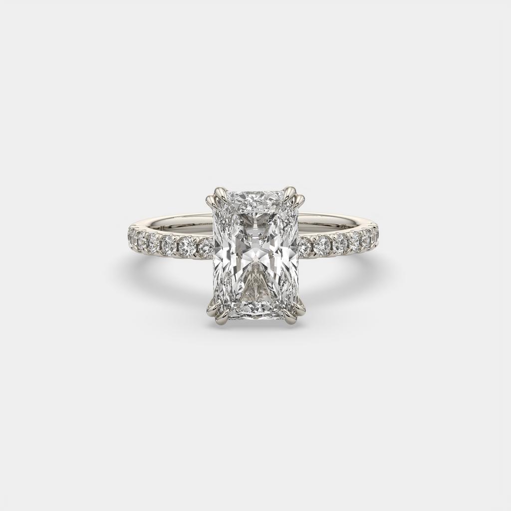 3.30 Ct D VS1 Radiant Lab-Grown Diamond Ring with Round Accents, in white gold, front view