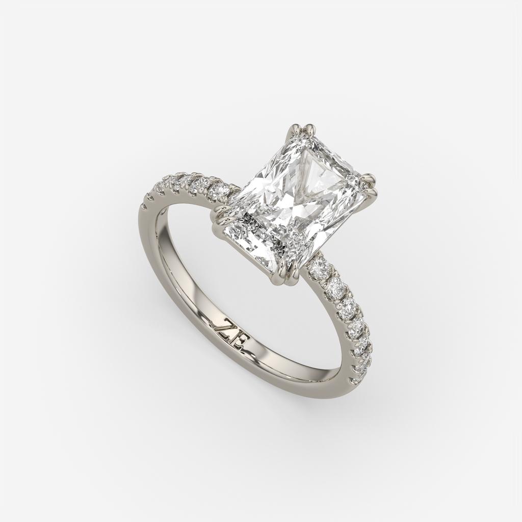 3.30 Ct D VS1 Radiant Lab-Grown Diamond Ring with Round Accents, in white gold, front view
