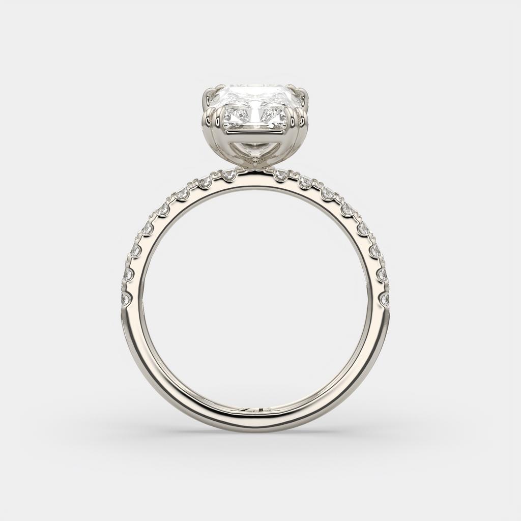 3.30 Ct D VS1 Radiant Lab-Grown Diamond Ring with Round Accents, in white gold, side profile