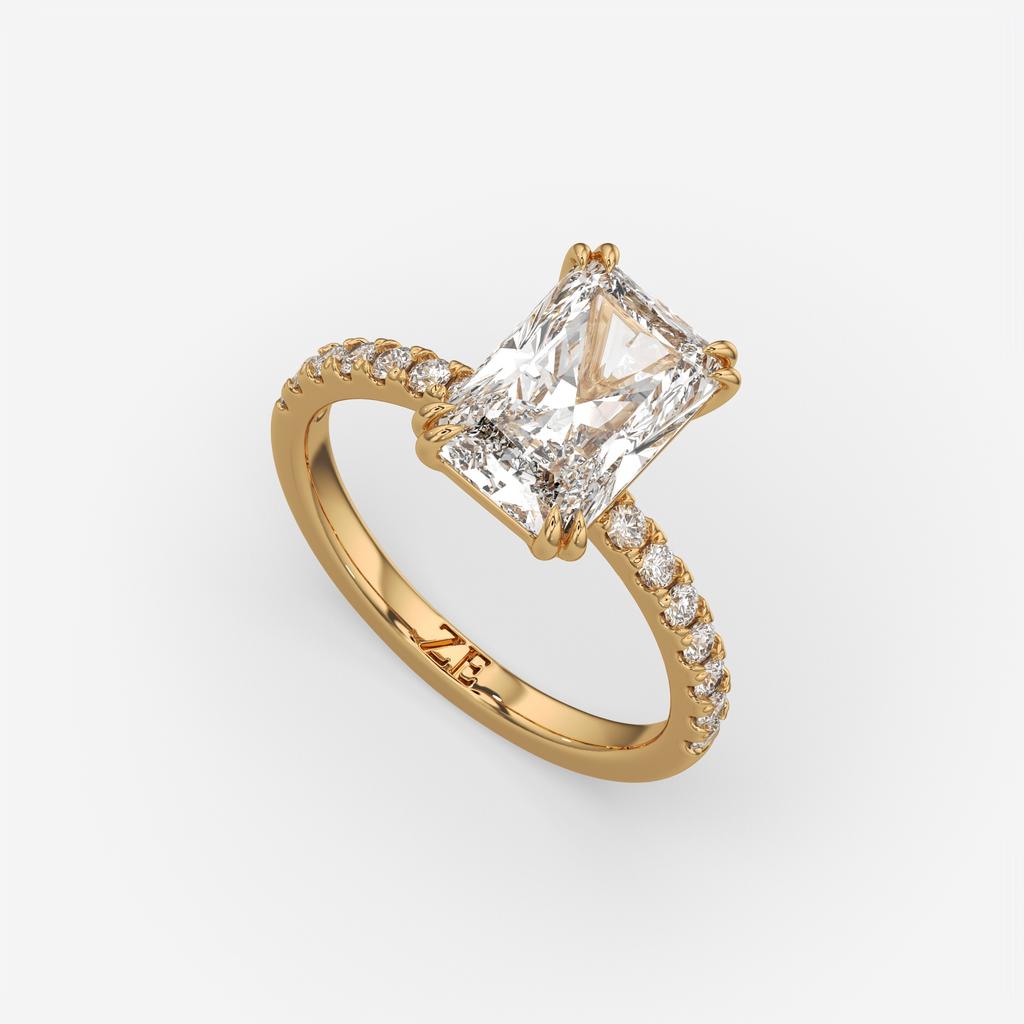 3.30 Ct D VS1 Radiant Lab-Grown Diamond Ring with Round Accents, in yellow gold, front view