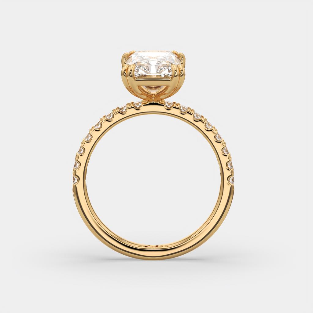 3.30 Ct D VS1 Radiant Lab-Grown Diamond Ring with Round Accents, in yellow gold, side profile
