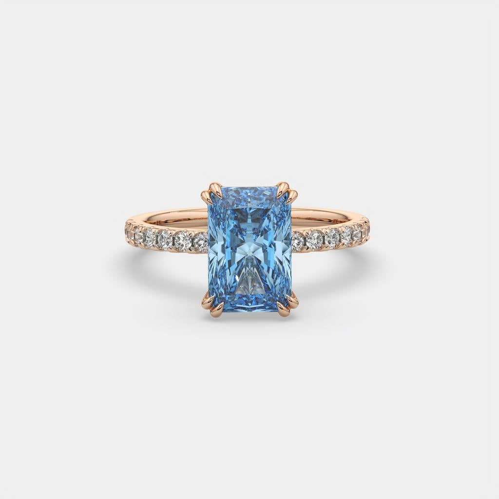 3.30 Ct Fancy Vivid Blue VS2 Radiant Lab-Grown Diamond Ring with Round Accents, in rose gold, front view