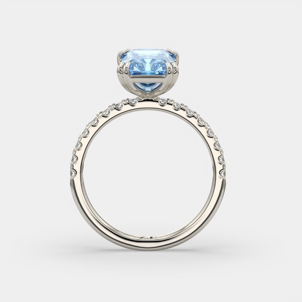 3.30 Ct Fancy Vivid Blue VS2 Radiant Lab-Grown Diamond Ring with Round Accents, in white gold, side profile
