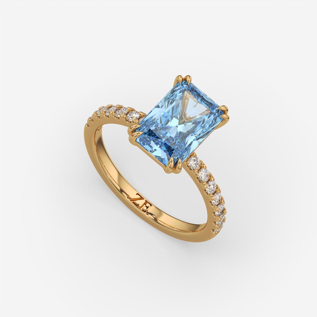 3.30 Ct Fancy Vivid Blue VS2 Radiant Lab-Grown Diamond Ring with Round Accents, in yellow gold, front view