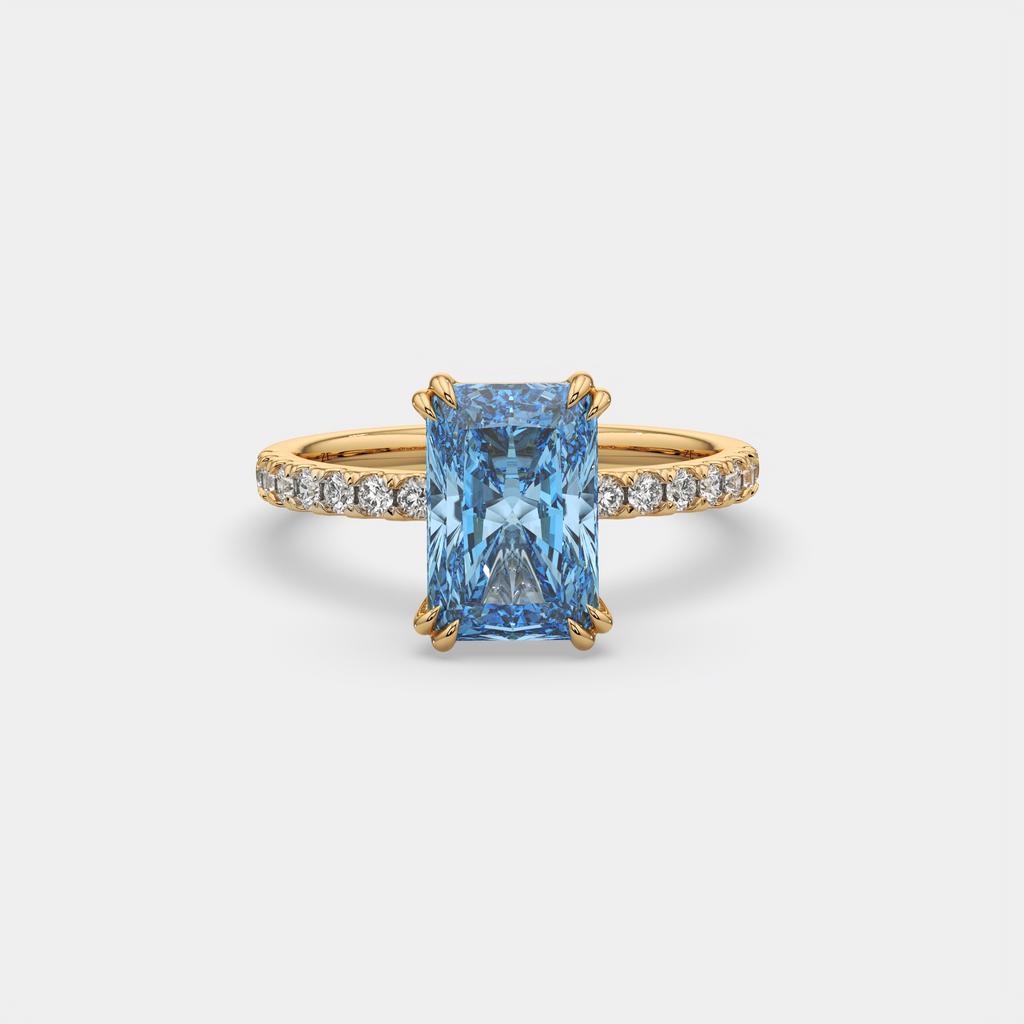 3.30 Ct Fancy Vivid Blue VS2 Radiant Lab-Grown Diamond Ring with Round Accents, in yellow gold, front view