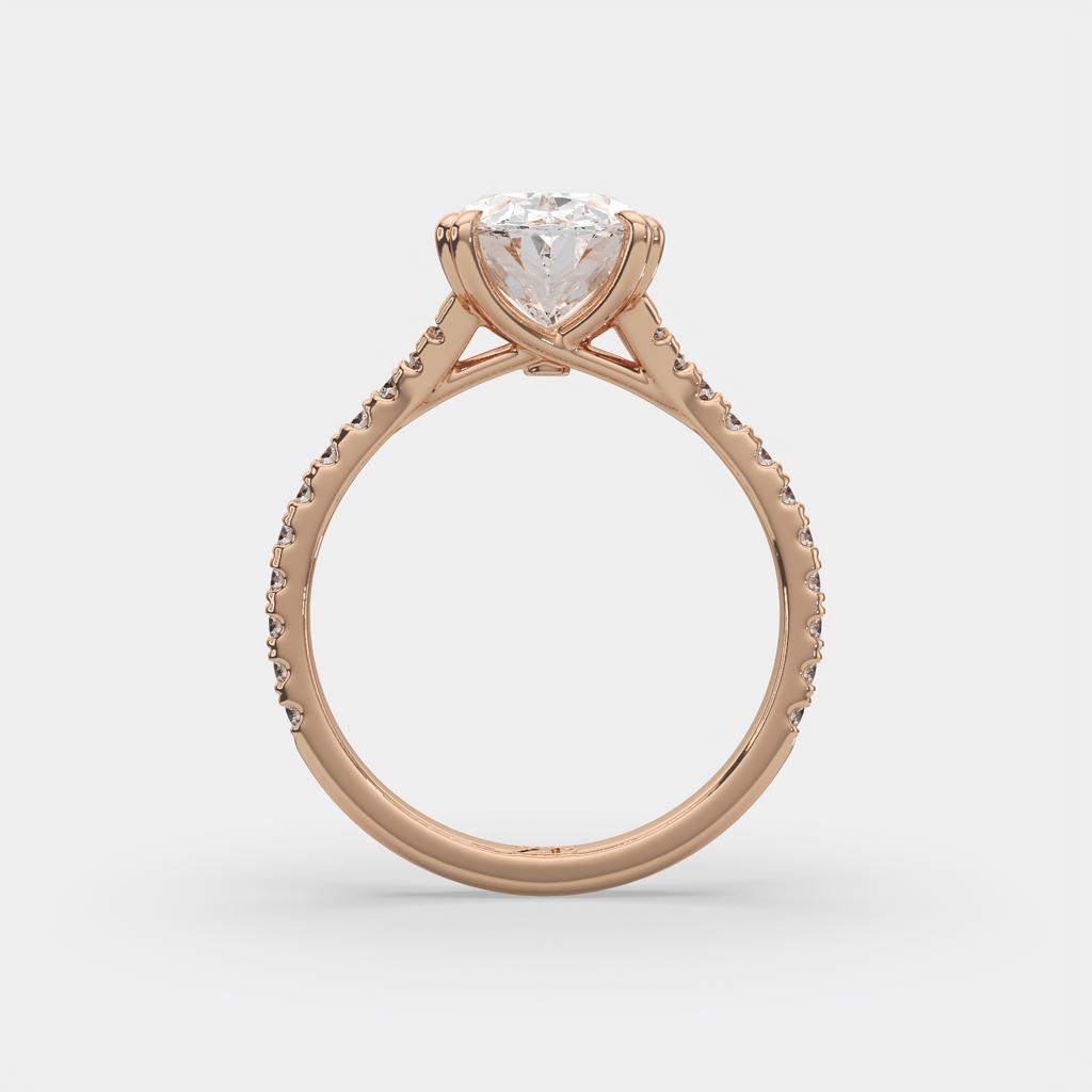 3.40 Ct E VS1 Oval Lab Diamond Side Stone Engagement Ring, in rose gold, front view