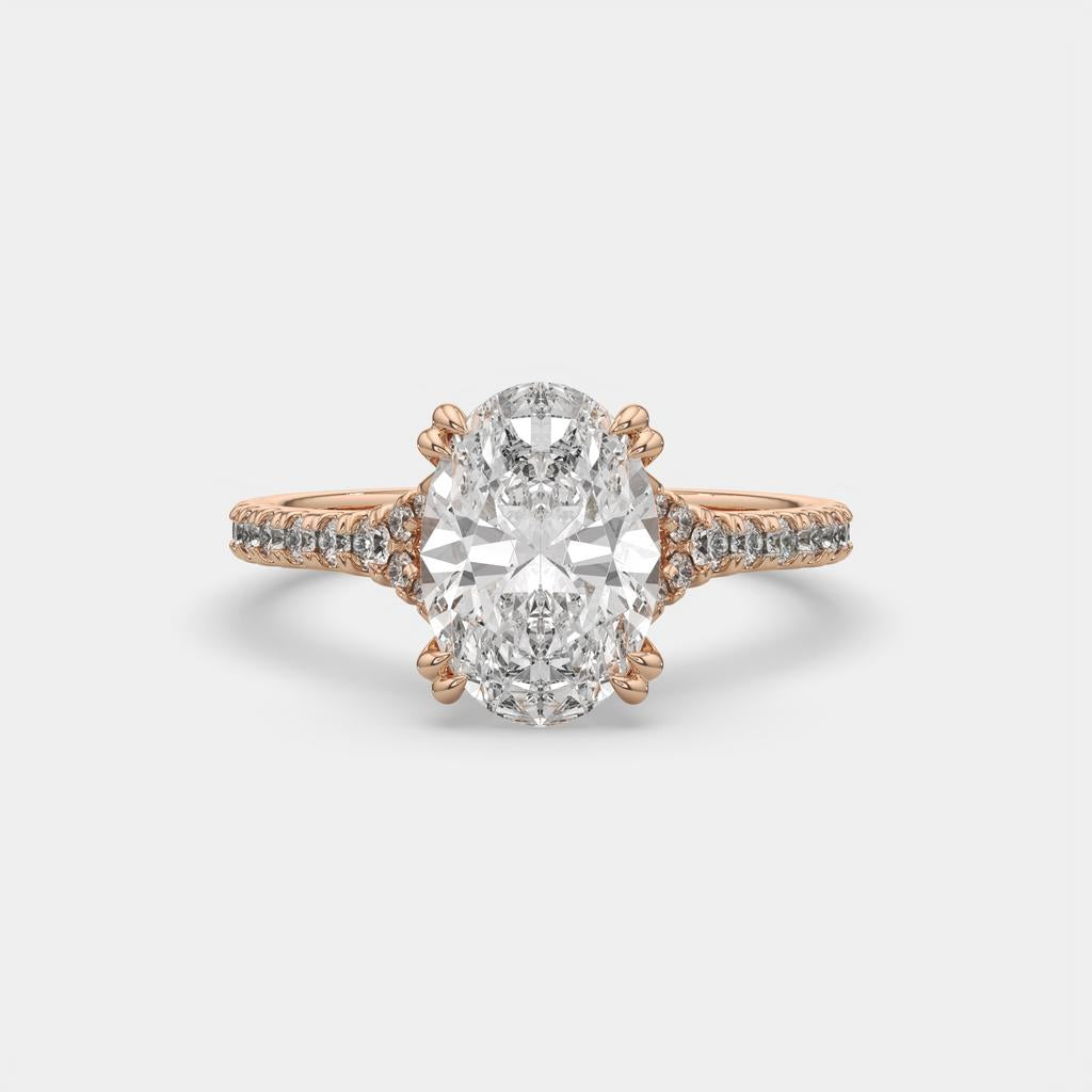 3.40 Ct E VS1 Oval Lab Diamond Side Stone Engagement Ring, in rose gold, front view