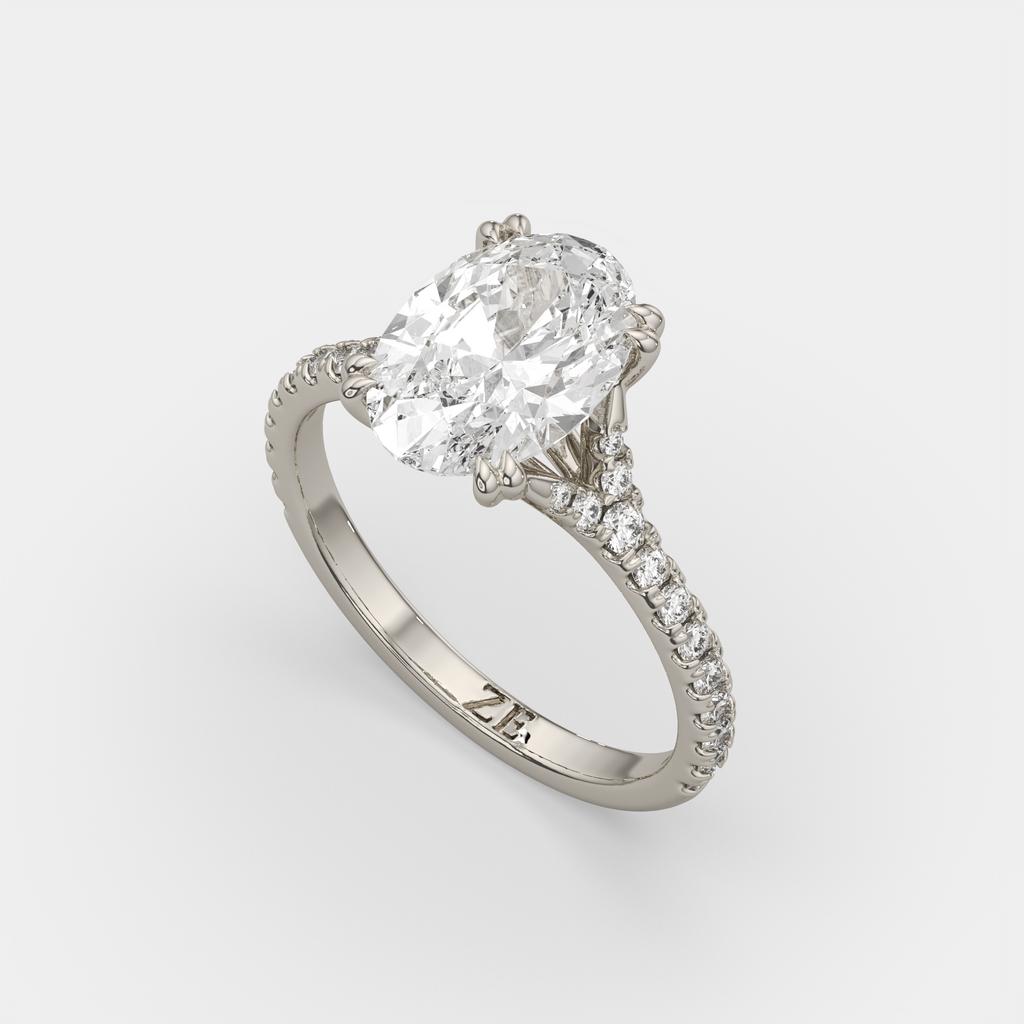 3.40 Ct E VS1 Oval Lab Diamond Side Stone Engagement Ring, in white gold, side profile