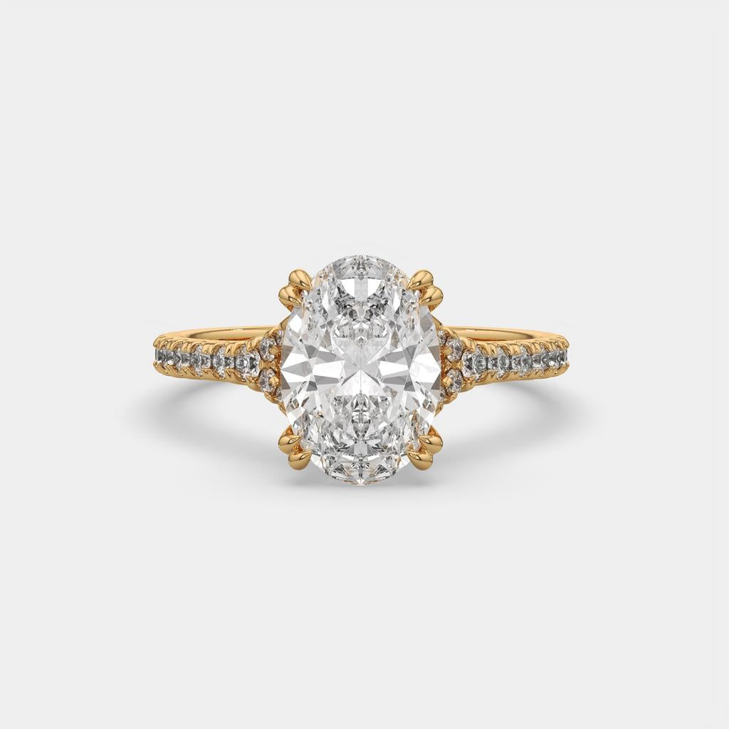3.40 Ct E VS1 Oval Lab Diamond Side Stone Engagement Ring, in yellow gold, front view
