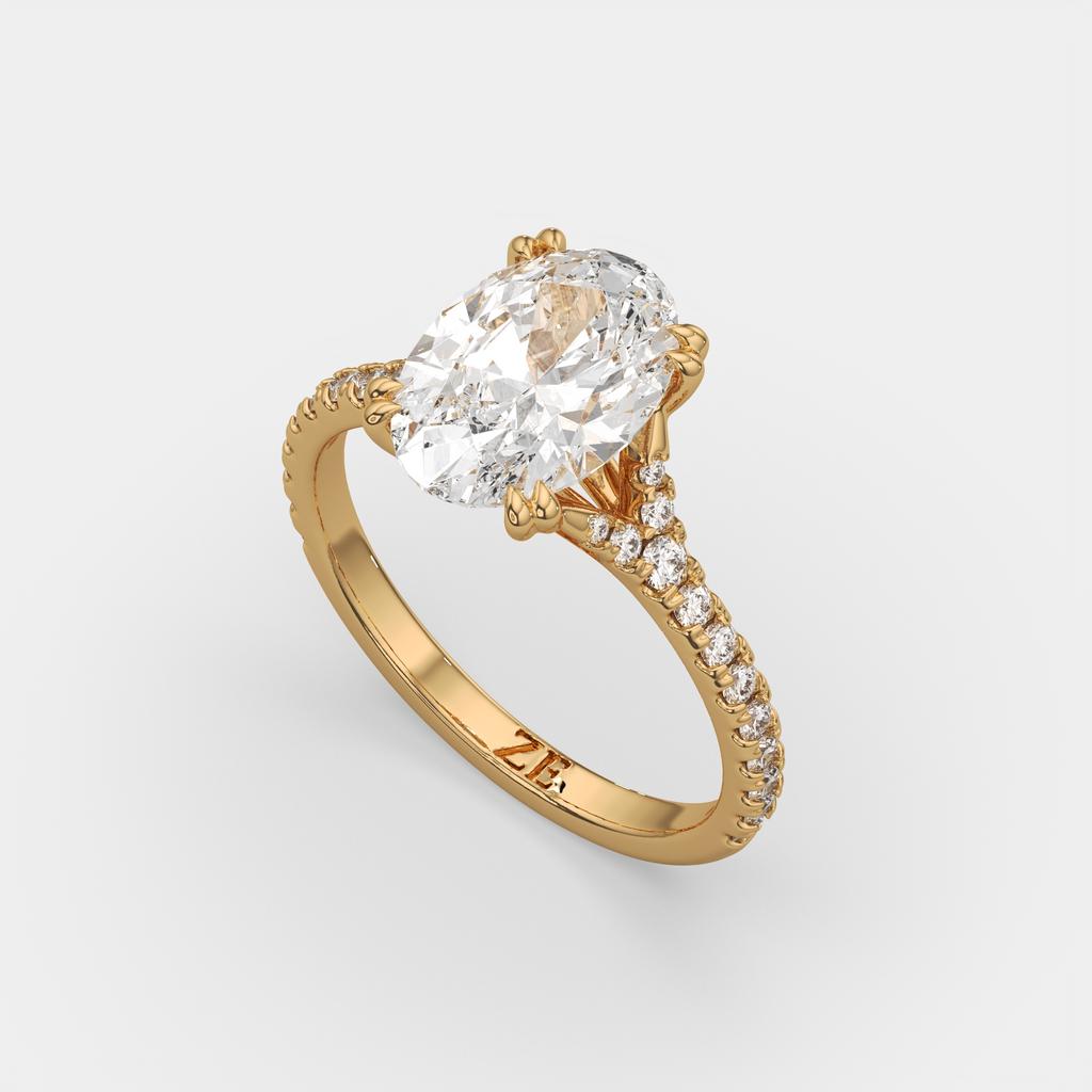 3.40 Ct E VS1 Oval Lab Diamond Side Stone Engagement Ring, in yellow gold, side profile