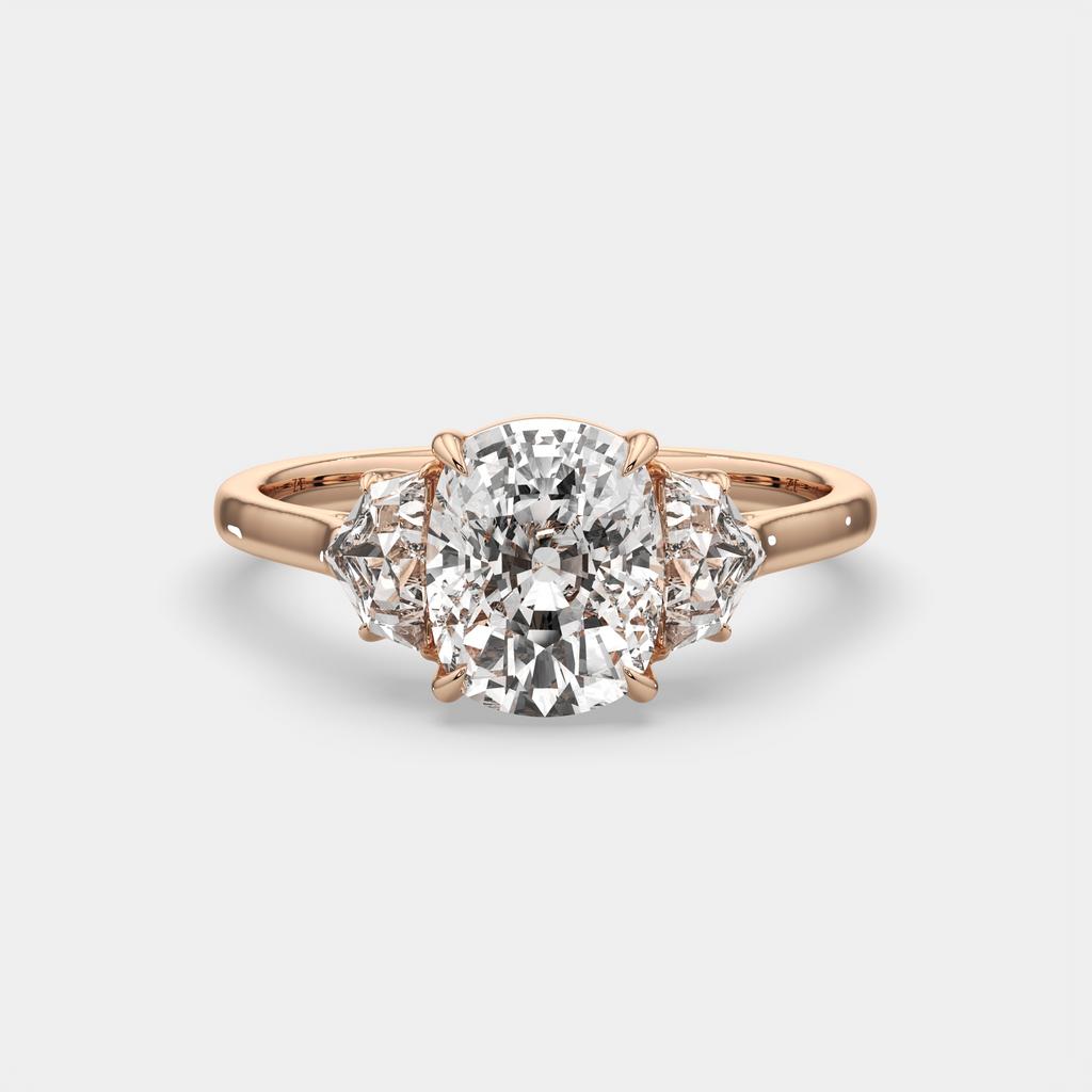 3.50 Ct E VS1 Cushion Lab Grown Diamond Three Stone Ring, in rose gold, front view