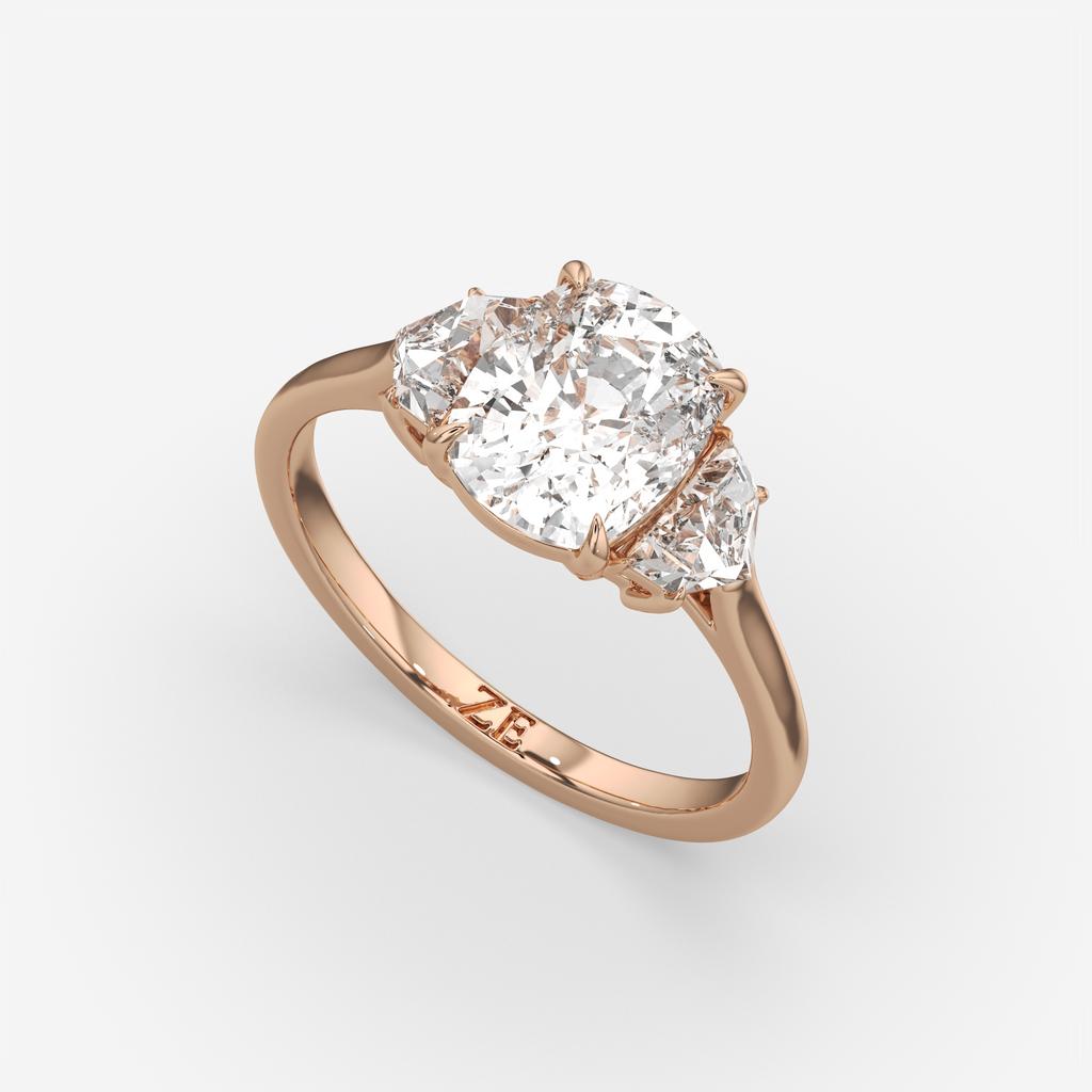 3.50 Ct E VS1 Cushion Lab Grown Diamond Three Stone Ring, in rose gold, front view
