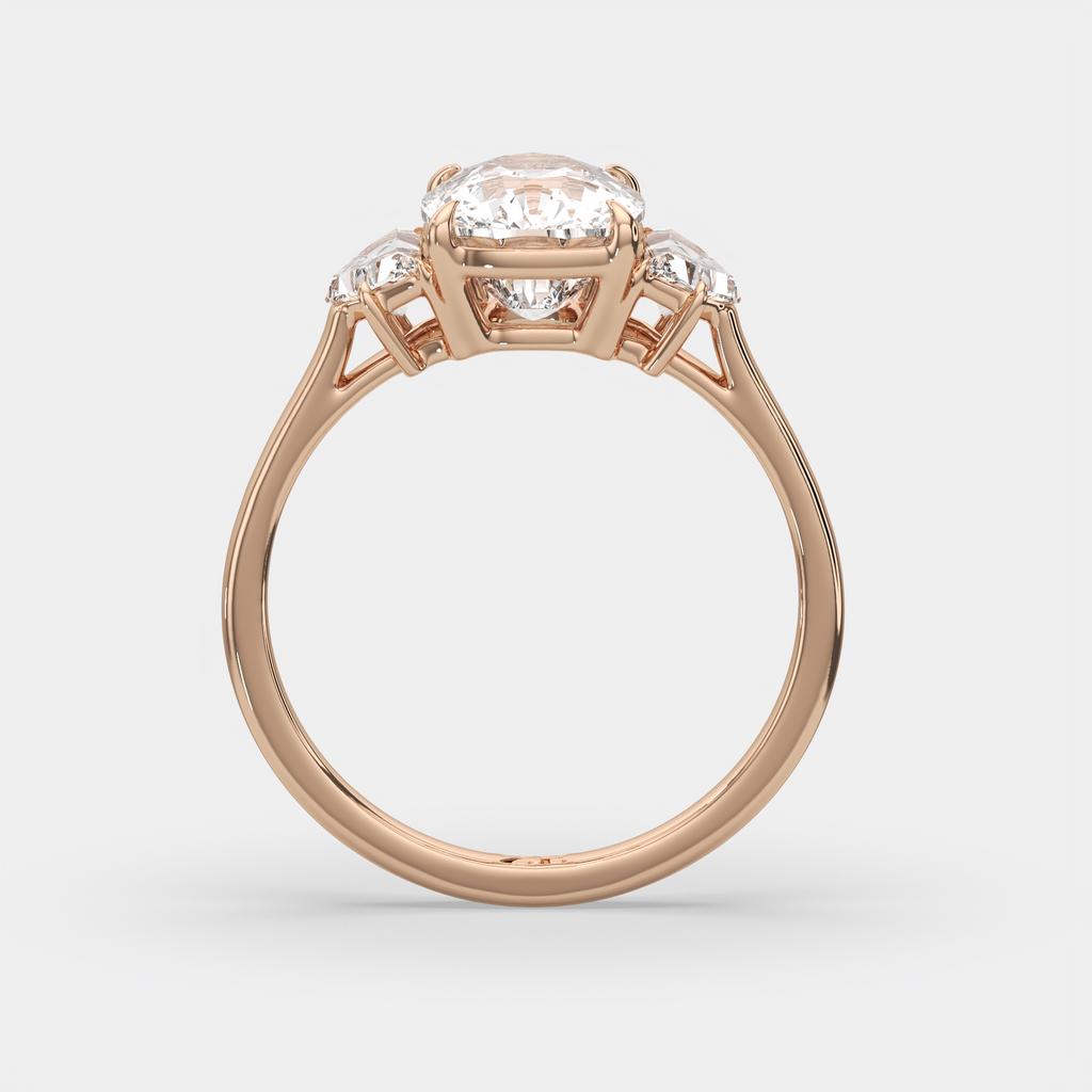 3.50 Ct E VS1 Cushion Lab Grown Diamond Three Stone Ring, in rose gold, side profile