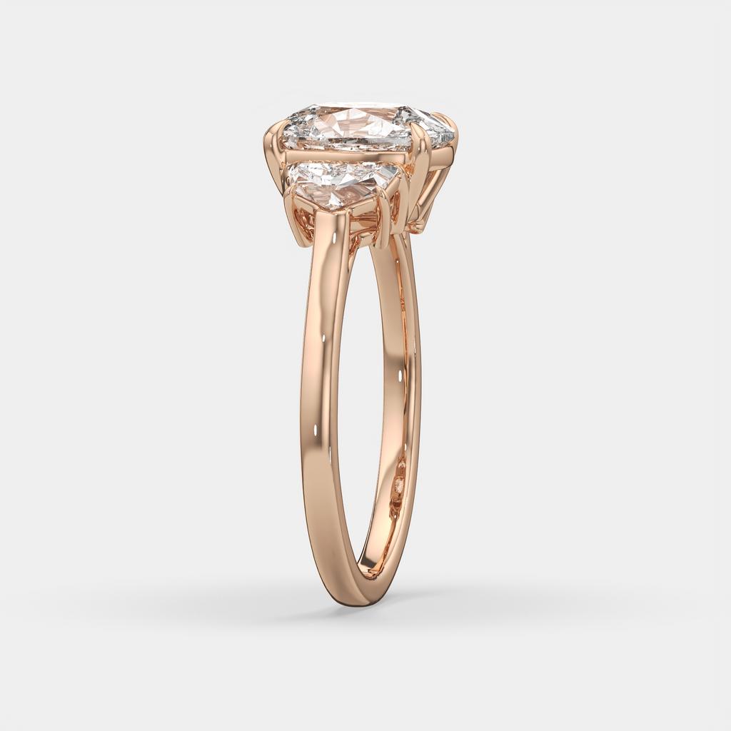 3.50 Ct E VS1 Cushion Lab Grown Diamond Three Stone Ring, in rose gold, side profile