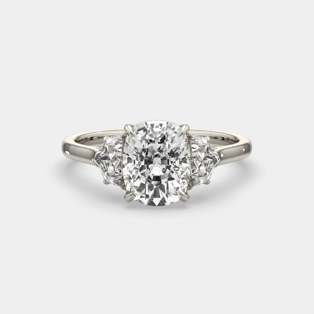 3.50 Ct E VS1 Cushion Lab Grown Diamond Three Stone Ring, in white gold, front view
