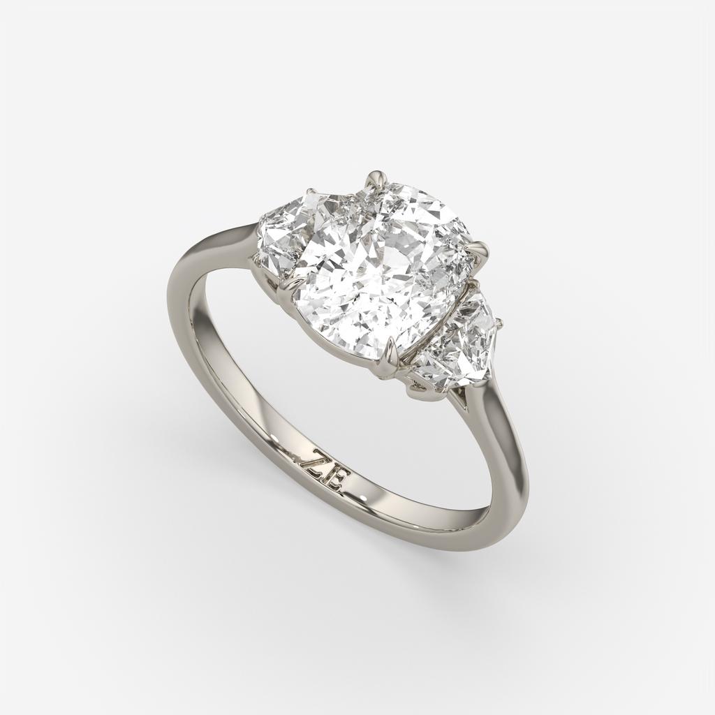 3.50 Ct E VS1 Cushion Lab Grown Diamond Three Stone Ring, in white gold, front view