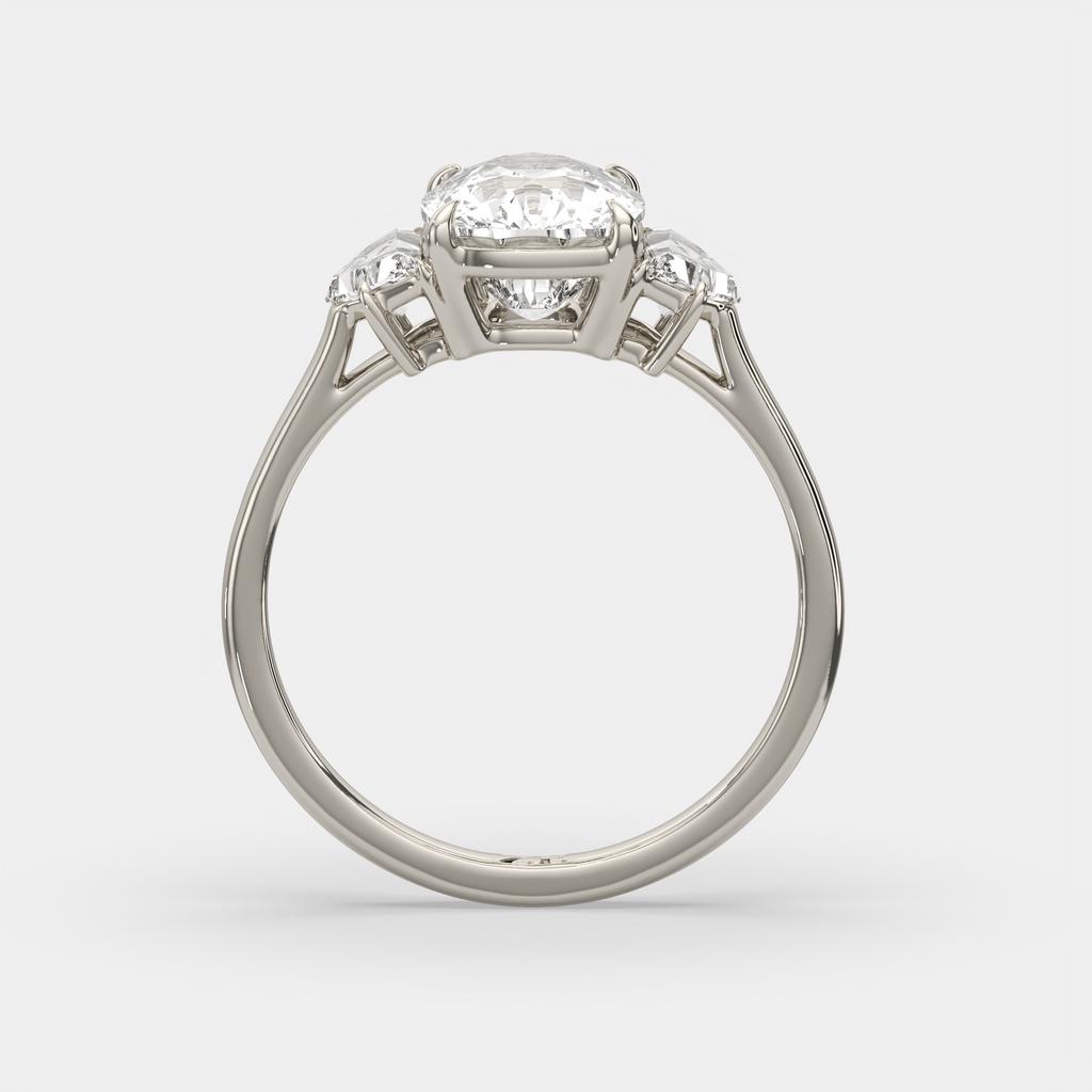 3.50 Ct E VS1 Cushion Lab Grown Diamond Three Stone Ring, in white gold, side profile