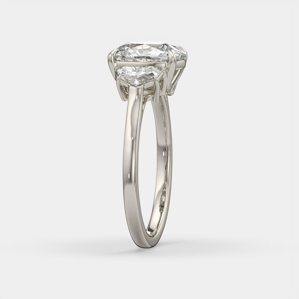 3.50 Ct E VS1 Cushion Lab Grown Diamond Three Stone Ring, in white gold, side profile
