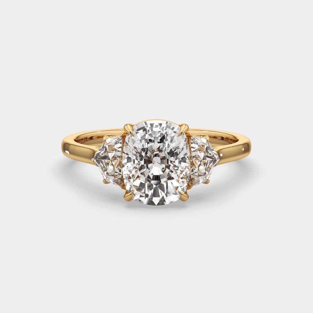 3.50 Ct E VS1 Cushion Lab Grown Diamond Three Stone Ring, in yellow gold, front view