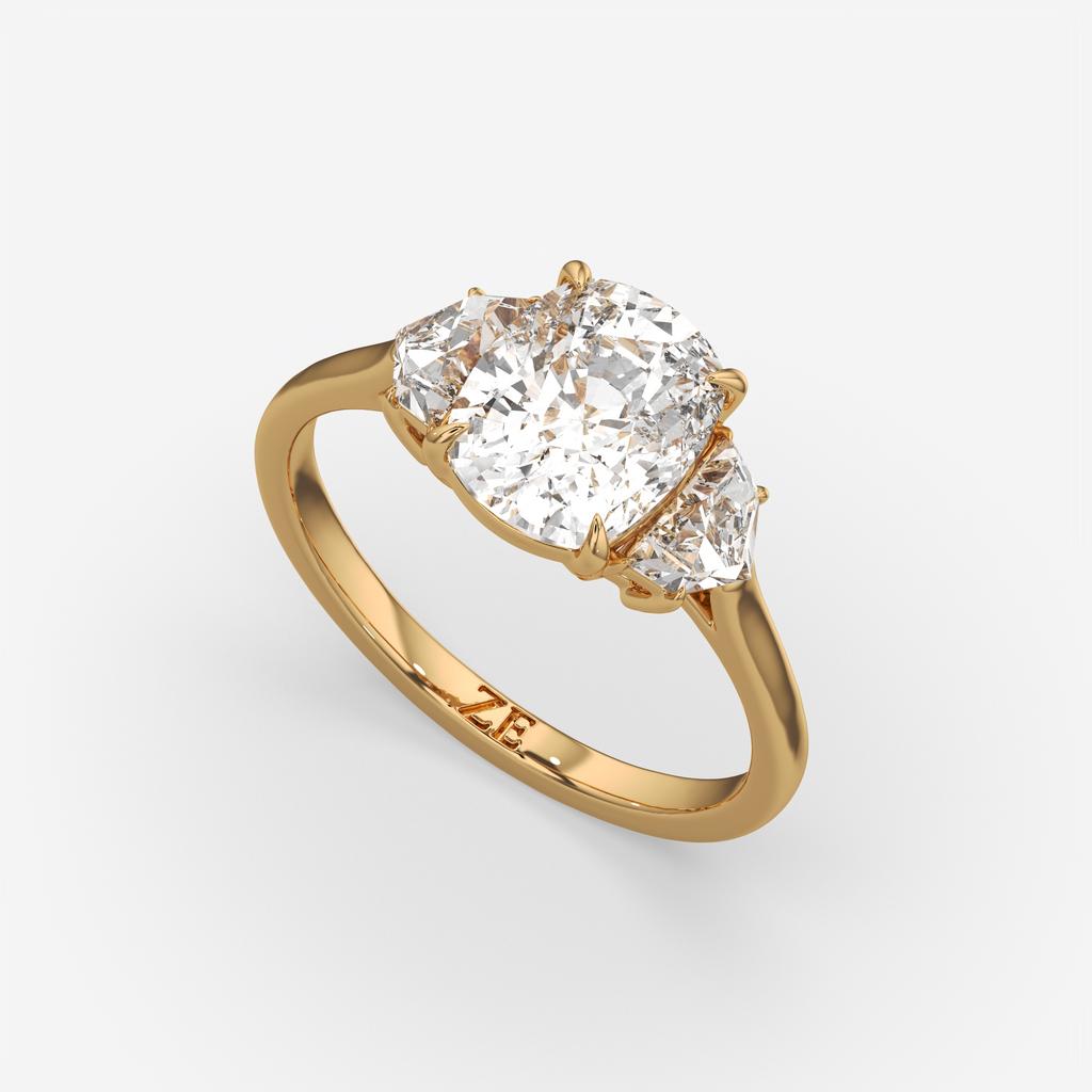 3.50 Ct E VS1 Cushion Lab Grown Diamond Three Stone Ring, in yellow gold, front view