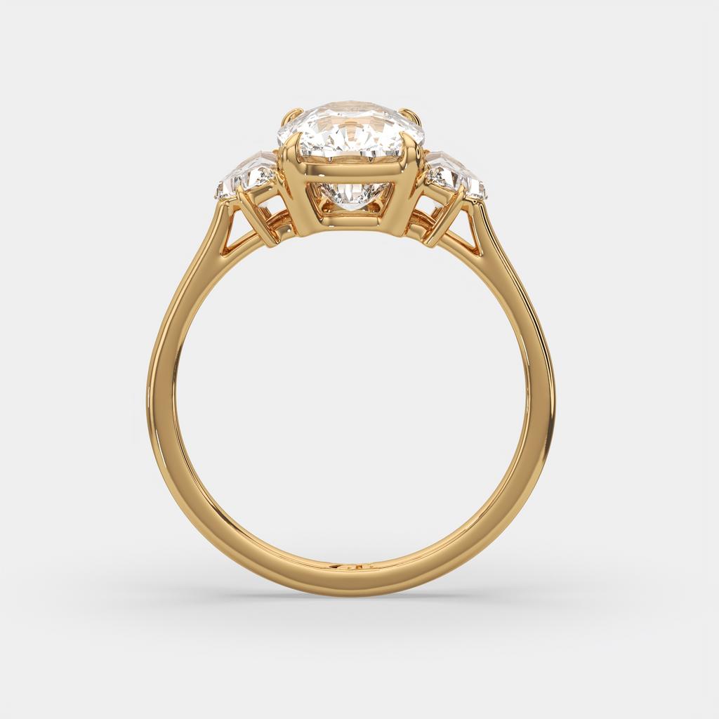 3.50 Ct E VS1 Cushion Lab Grown Diamond Three Stone Ring, in yellow gold, side profile