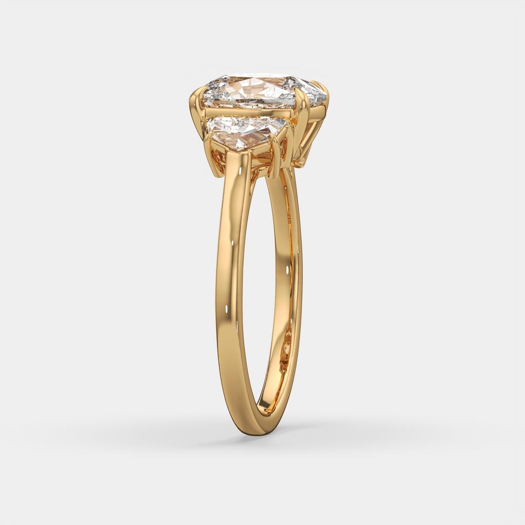 3.50 Ct E VS1 Cushion Lab Grown Diamond Three Stone Ring, in yellow gold, side profile