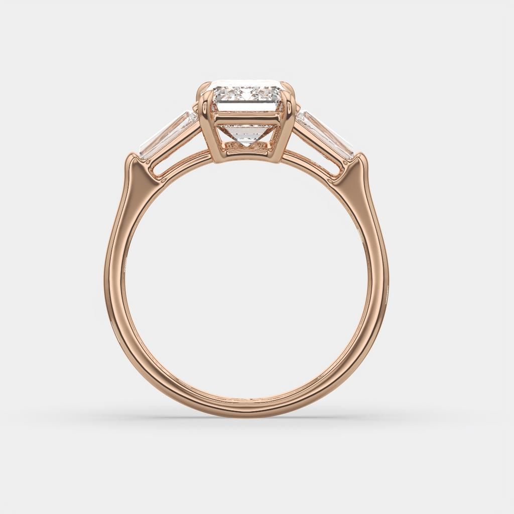 3.50 Ct D Color VS1 Emerald Cut Three Stone Diamond Ring With Tapered Baguettes, in rose gold, front view
