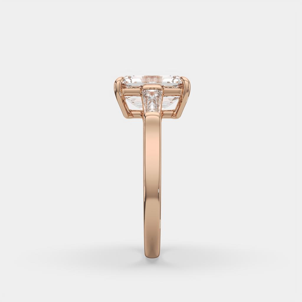 3.50 Ct D Color VS1 Emerald Cut Three Stone Diamond Ring With Tapered Baguettes, in rose gold, side profile