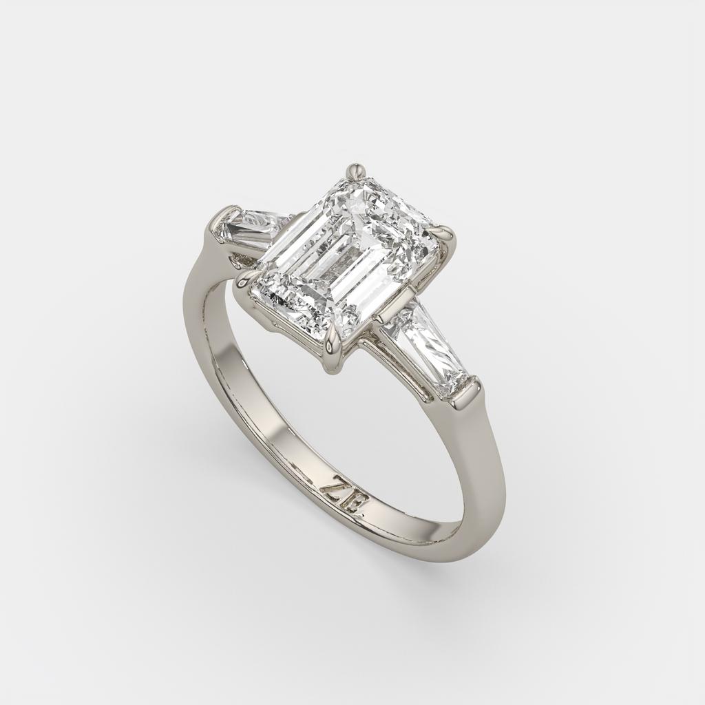 3.50 Ct D Color VS1 Emerald Cut Three Stone Diamond Ring With Tapered Baguettes, in white gold, side profile