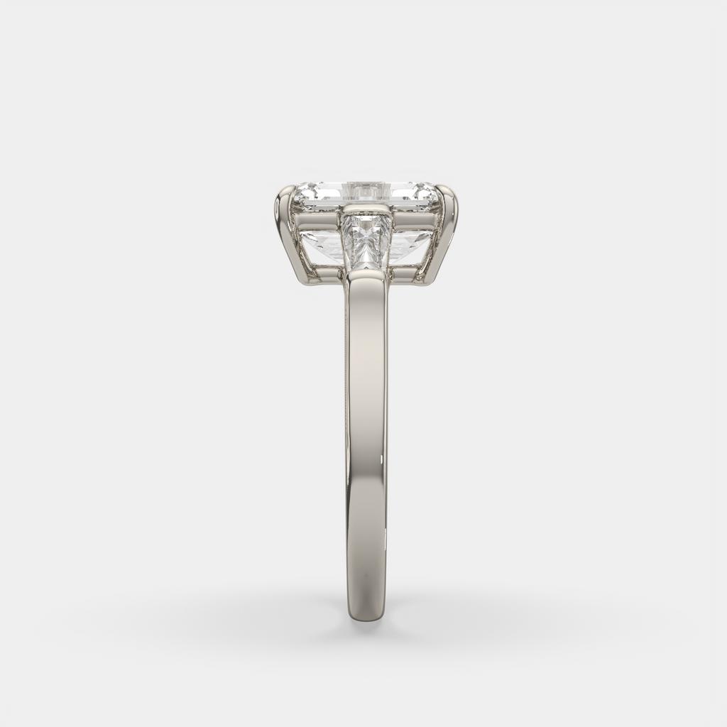 3.50 Ct D Color VS1 Emerald Cut Three Stone Diamond Ring With Tapered Baguettes, in white gold, side profile