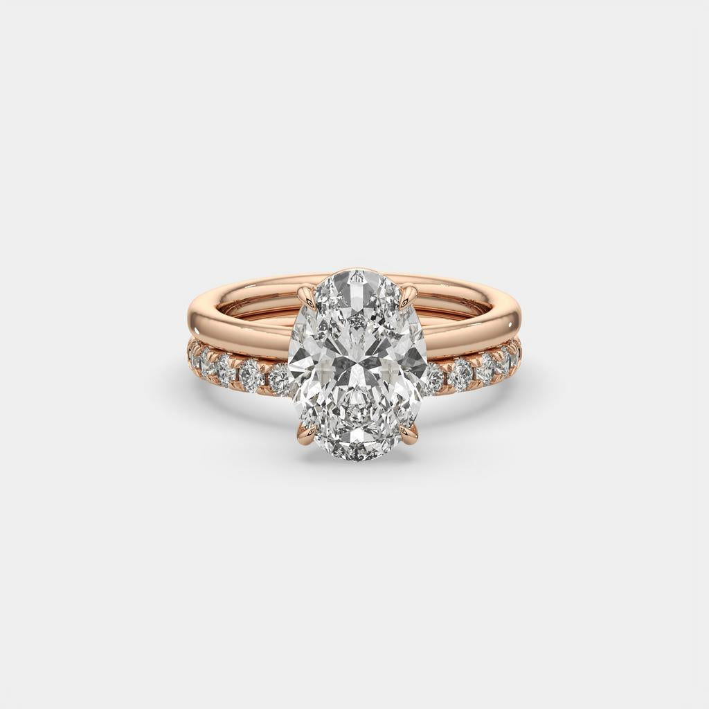 3.50 Ct D VS1 Oval Lab-Grown Diamond Solitaire with Diamond Band, in rose gold, front view