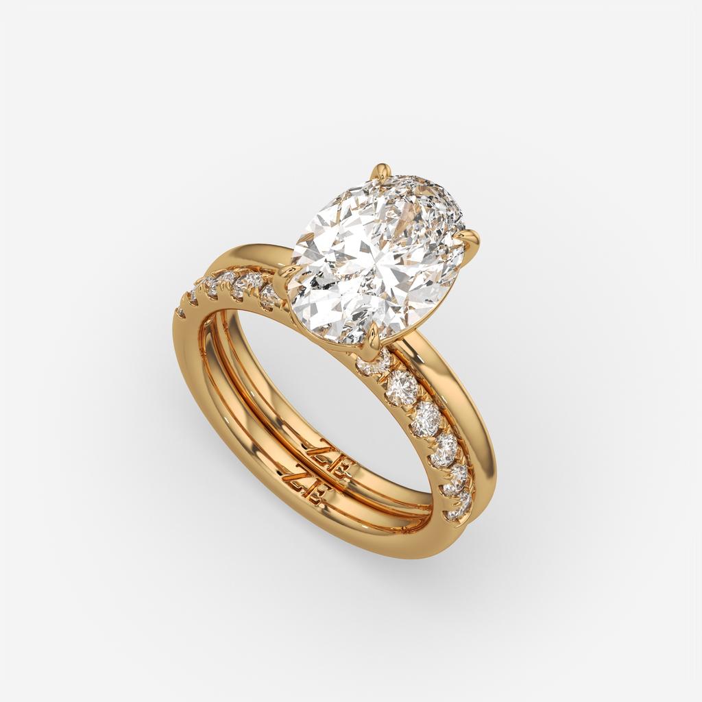 3.50 Ct D VS1 Oval Lab-Grown Diamond Solitaire with Diamond Band, in yellow gold, front view