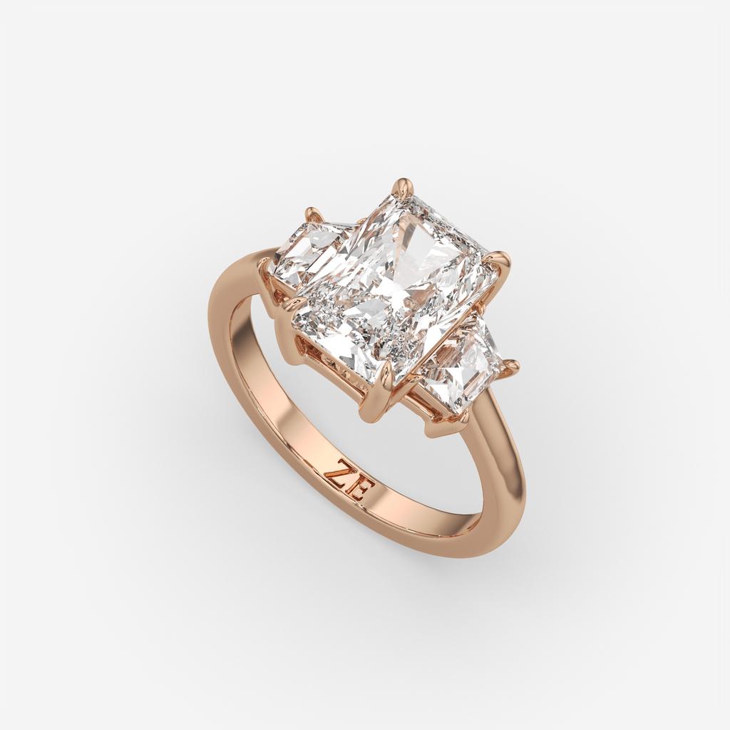 3.50 Ct D VS1 Radiant Cut Lab-Grown Diamond Three Stone Ring With Trapezoid Accents, in rose gold, front view