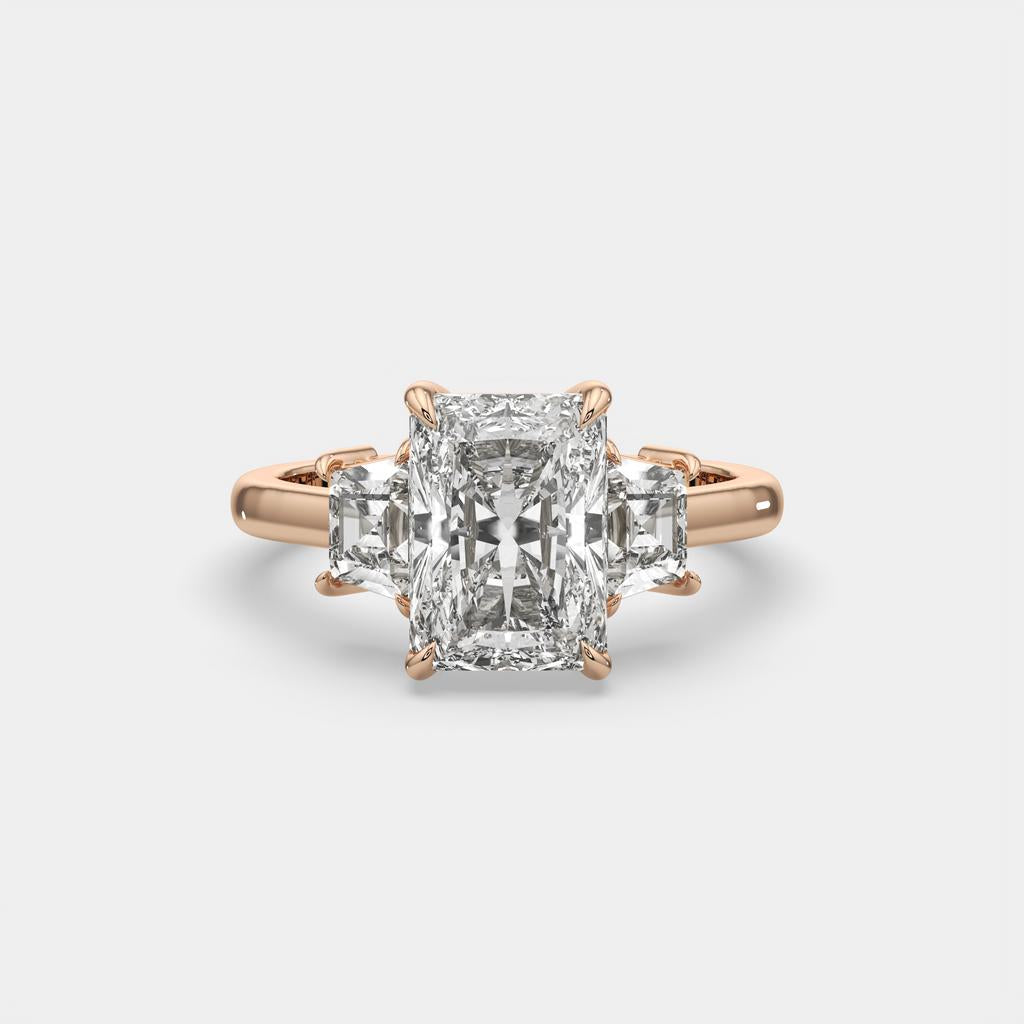 3.50 Ct D VS1 Radiant Cut Lab-Grown Diamond Three Stone Ring With Trapezoid Accents, in rose gold, front view
