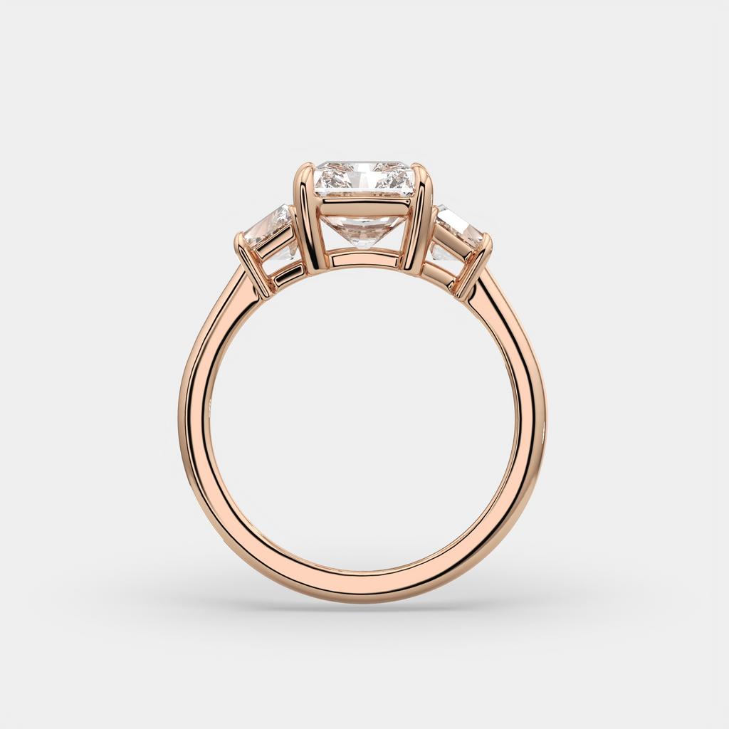 3.50 Ct D VS1 Radiant Cut Lab-Grown Diamond Three Stone Ring With Trapezoid Accents, in rose gold, side profile
