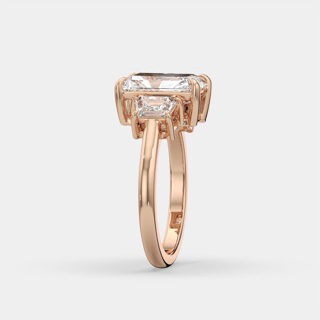 3.50 Ct D VS1 Radiant Cut Lab-Grown Diamond Three Stone Ring With Trapezoid Accents, in rose gold, side profile
