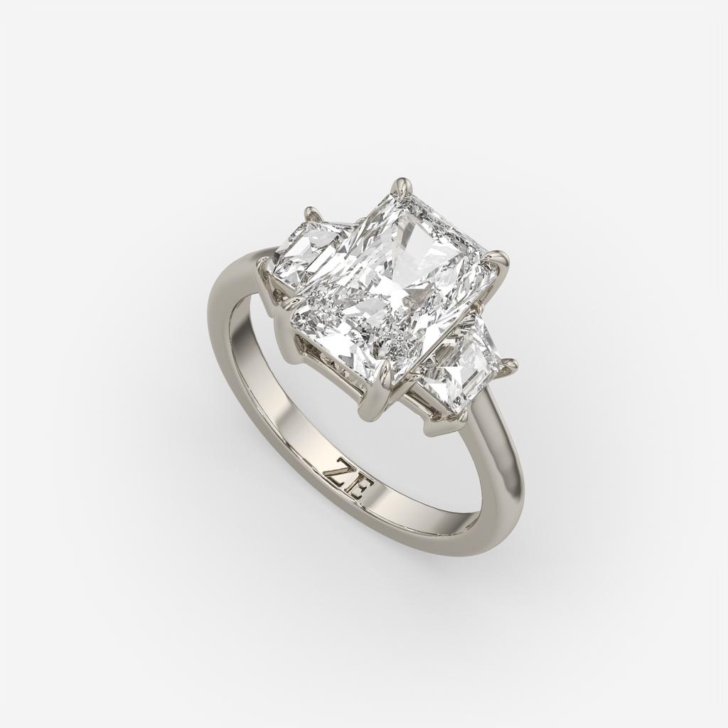 3.50 Ct D VS1 Radiant Cut Lab-Grown Diamond Three Stone Ring With Trapezoid Accents, in white gold, front view