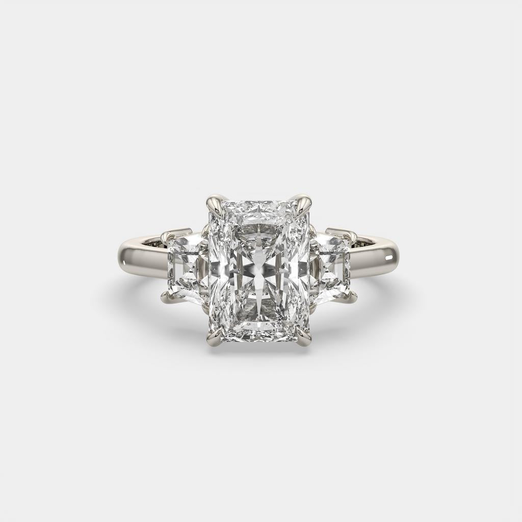 3.50 Ct D VS1 Radiant Cut Lab-Grown Diamond Three Stone Ring With Trapezoid Accents, in white gold, front view