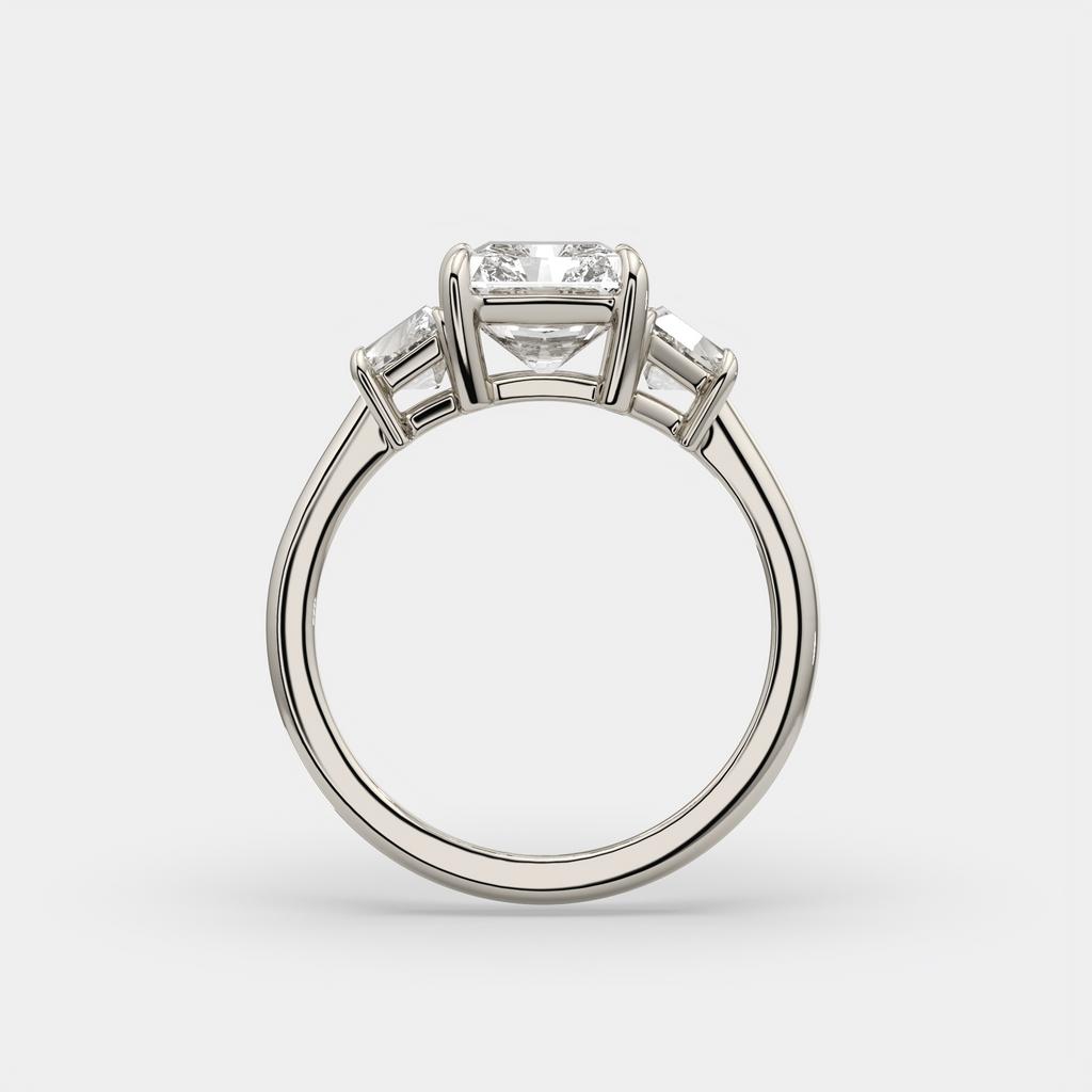 3.50 Ct D VS1 Radiant Cut Lab-Grown Diamond Three Stone Ring With Trapezoid Accents, in white gold, side profile